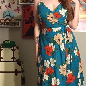 COUNTRY CLUB TEAL BLUE FLORAL PRINT WRAP DRESS